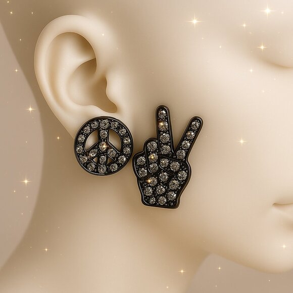 Dazzling Crystal Mismatch Earrings – Peace Sign & Hand Gesture – Black Tone - Picture 2 of 5